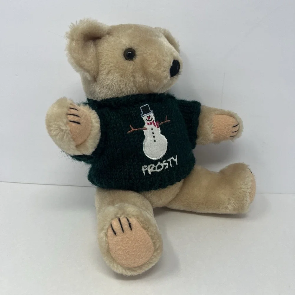 Vintage Teddy Bear Jointed in Green‎ Knitted Frosty Sweater